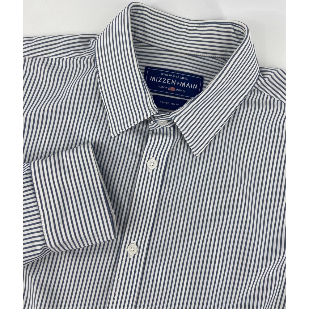 Mizzen+Main Shirt Mens XL Blue‎ Striped Leeward Trim Fit Dress Non Iron Stretch